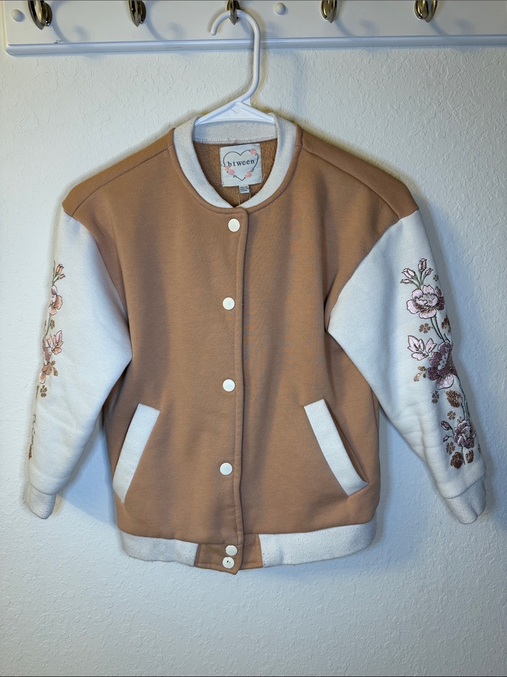btween Tan and White Floral Embroidered Varsity Jacket